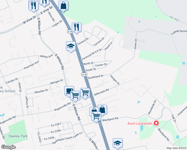 map of restaurants, bars, coffee shops, grocery stores, and more near 301 Southland Drive in Radcliff