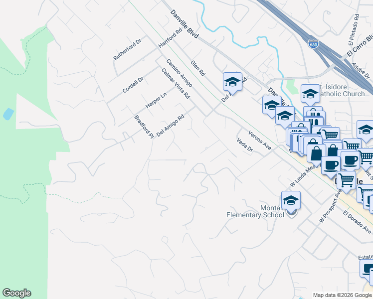 map of restaurants, bars, coffee shops, grocery stores, and more near 195 Whispering Trees Lane in Danville