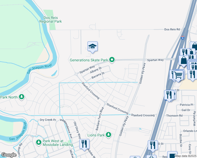 map of restaurants, bars, coffee shops, grocery stores, and more near 620 Bacarra Street in Lathrop