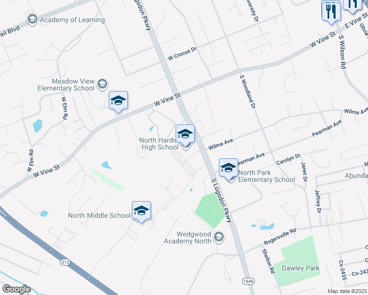 map of restaurants, bars, coffee shops, grocery stores, and more near 801 South Logsdon Parkway in Radcliff