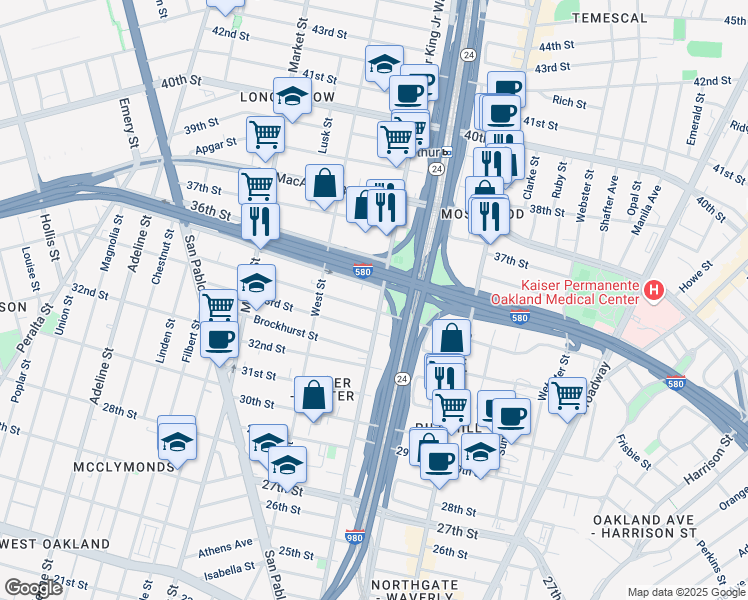 map of restaurants, bars, coffee shops, grocery stores, and more near 3417 Martin Luther King Junior Way in Oakland