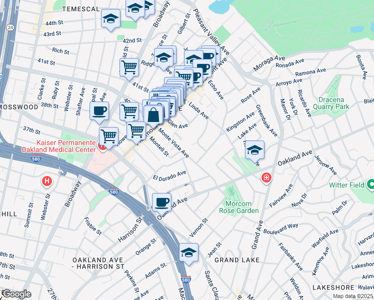 map of restaurants, bars, coffee shops, grocery stores, and more near 212 Monte Vista Avenue in Oakland