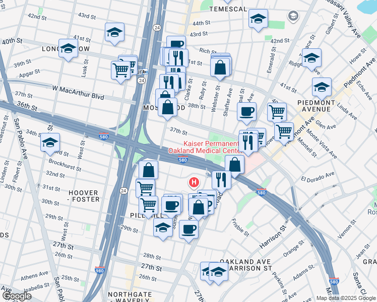 map of restaurants, bars, coffee shops, grocery stores, and more near 451 36th Street in Oakland