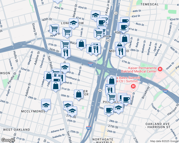 map of restaurants, bars, coffee shops, grocery stores, and more near 677 35th Street in Oakland