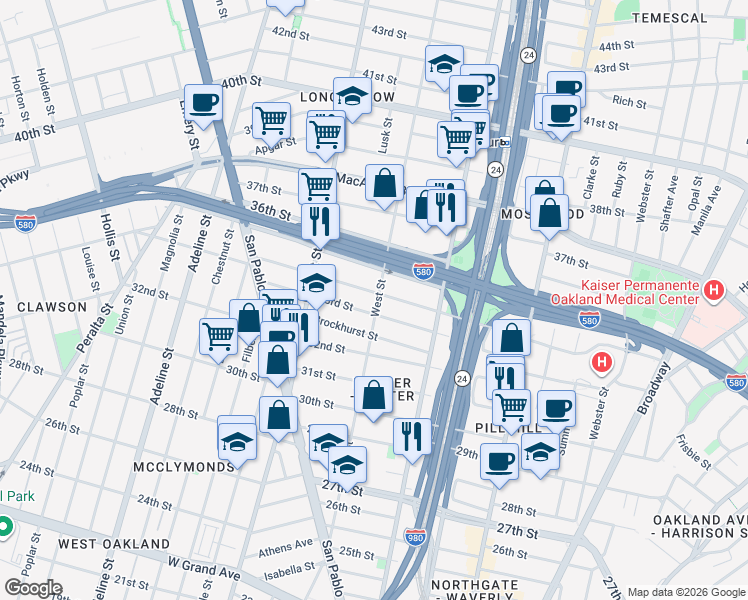 map of restaurants, bars, coffee shops, grocery stores, and more near in Oakland