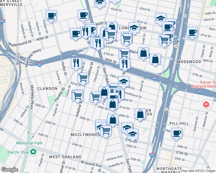 map of restaurants, bars, coffee shops, grocery stores, and more near 943 33rd Street in Oakland