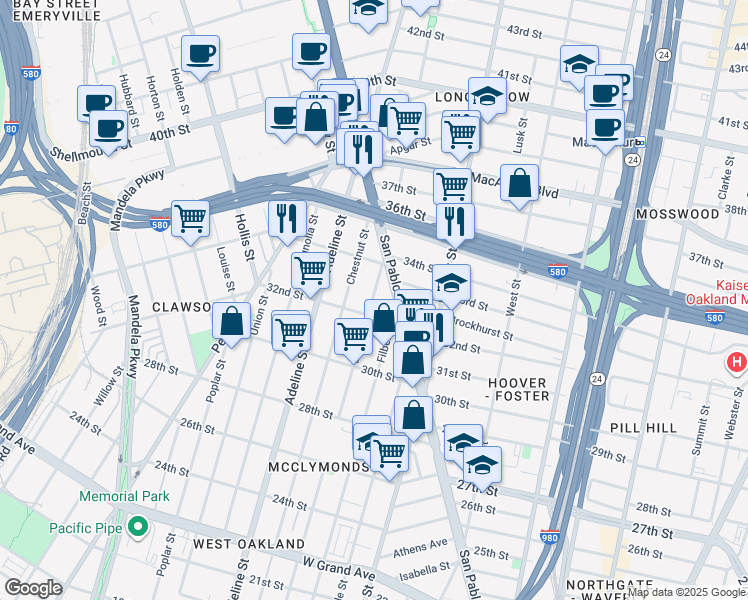 map of restaurants, bars, coffee shops, grocery stores, and more near 3236 Linden Street in Oakland