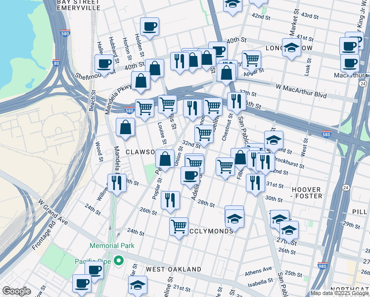 map of restaurants, bars, coffee shops, grocery stores, and more near 3140 Union Street in Oakland