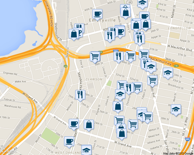map of restaurants, bars, coffee shops, grocery stores, and more near in Oakland