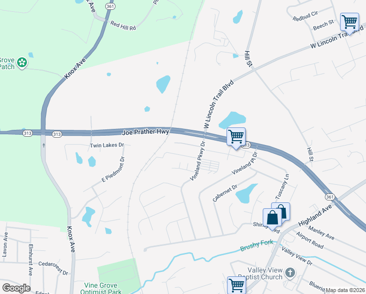 map of restaurants, bars, coffee shops, grocery stores, and more near 106 Winery Court in Vine Grove