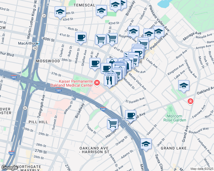 map of restaurants, bars, coffee shops, grocery stores, and more near in Oakland