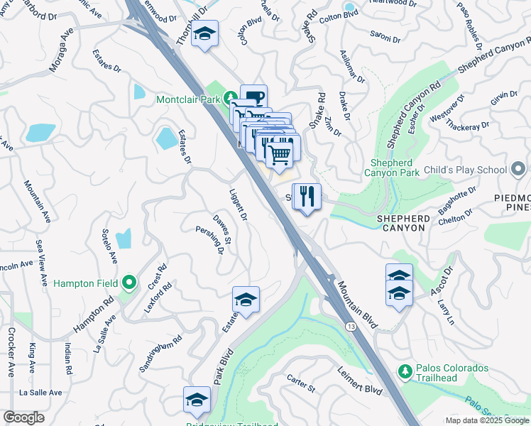 map of restaurants, bars, coffee shops, grocery stores, and more near 2151 Trafalgar Place in Oakland