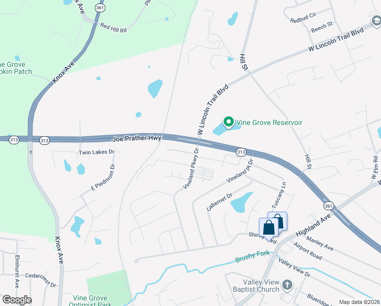 map of restaurants, bars, coffee shops, grocery stores, and more near 100 Winery Court in Vine Grove