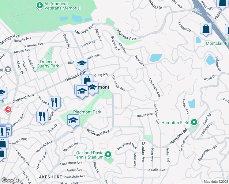 map of restaurants, bars, coffee shops, grocery stores, and more near 1 Sierra Avenue in Piedmont