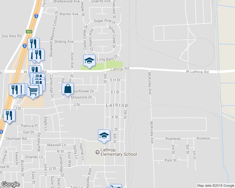 map of restaurants, bars, coffee shops, grocery stores, and more near 1010 East I Street in Lathrop