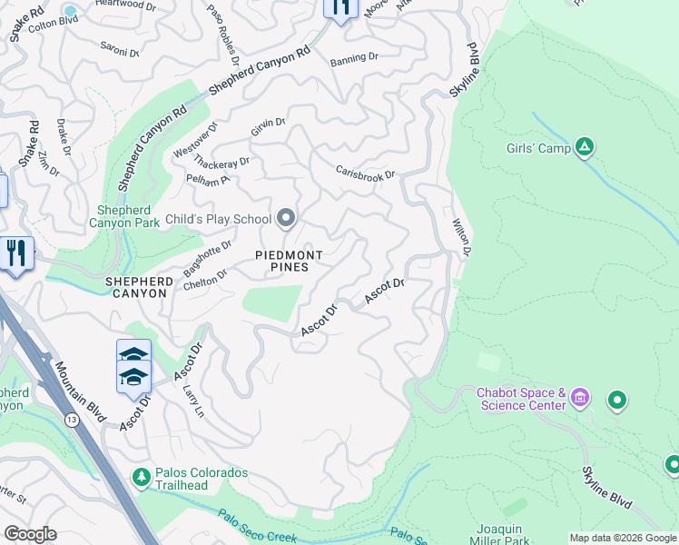 map of restaurants, bars, coffee shops, grocery stores, and more near 2855 Chelsea Drive in Oakland