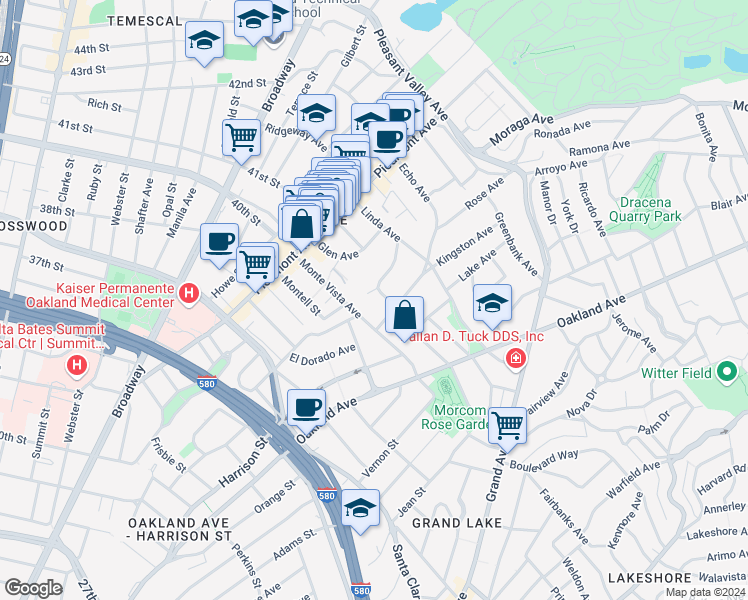 map of restaurants, bars, coffee shops, grocery stores, and more near 145 Monte Cresta Avenue in Oakland