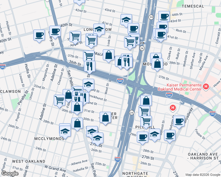 map of restaurants, bars, coffee shops, grocery stores, and more near in Oakland