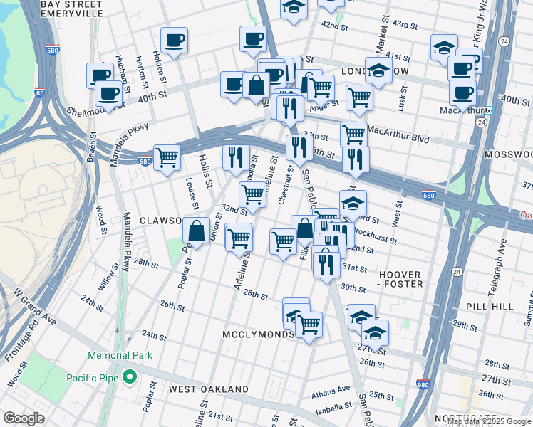 map of restaurants, bars, coffee shops, grocery stores, and more near 3225 Chestnut Street in Oakland