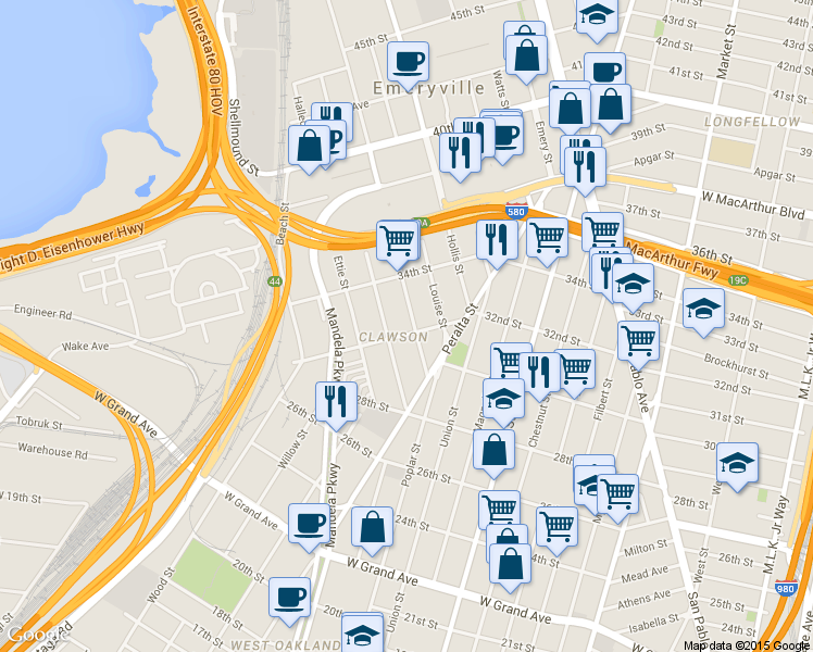 map of restaurants, bars, coffee shops, grocery stores, and more near 3217 Helen Street in Oakland