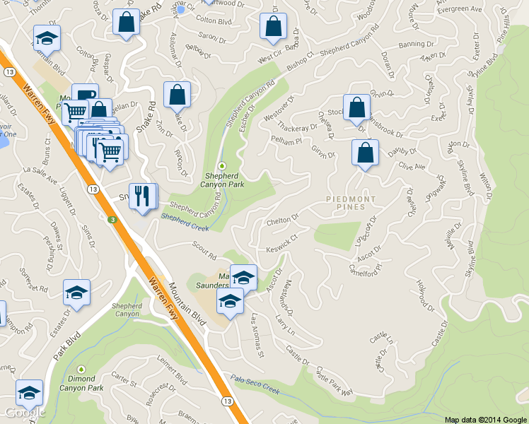 map of restaurants, bars, coffee shops, grocery stores, and more near 5821 Bagshotte Drive in Oakland