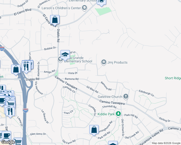 map of restaurants, bars, coffee shops, grocery stores, and more near 132 Vista Drive in Danville