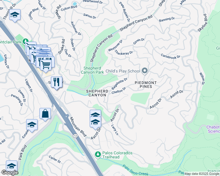 map of restaurants, bars, coffee shops, grocery stores, and more near 5821 Bagshotte Drive in Oakland