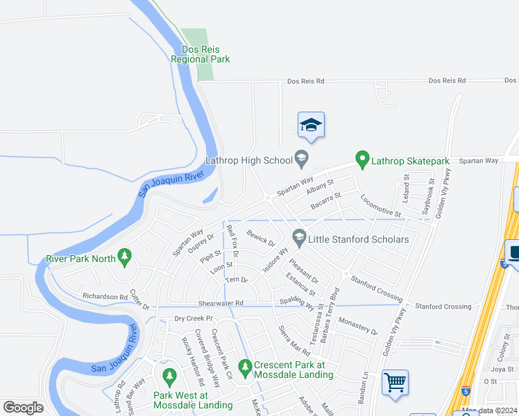 map of restaurants, bars, coffee shops, grocery stores, and more near 780 Chimes Street in Lathrop