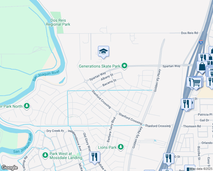 map of restaurants, bars, coffee shops, grocery stores, and more near 620 Bacarra Street in Lathrop