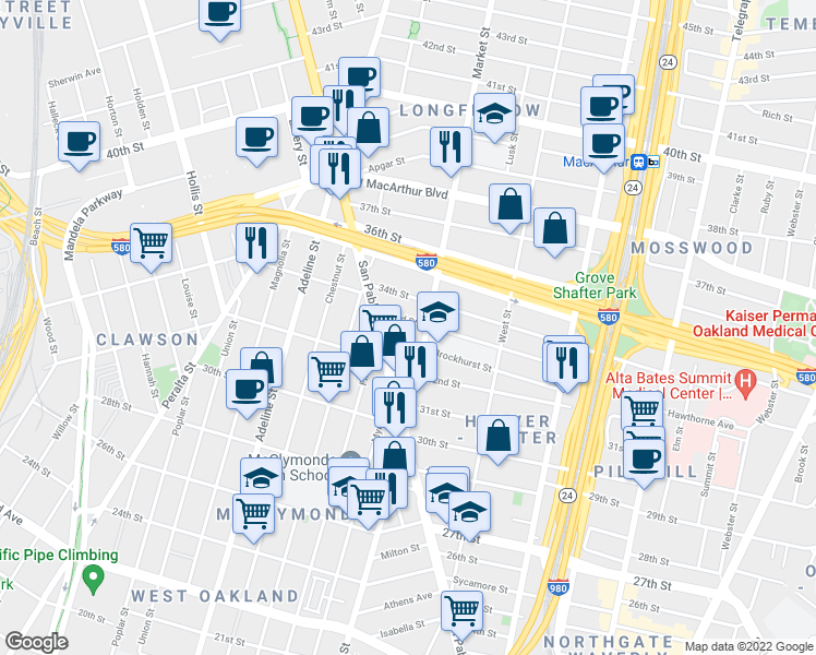 map of restaurants, bars, coffee shops, grocery stores, and more near 943 33rd Street in Oakland
