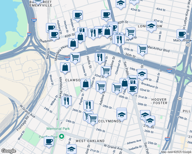 map of restaurants, bars, coffee shops, grocery stores, and more near 3140 Union Street in Oakland