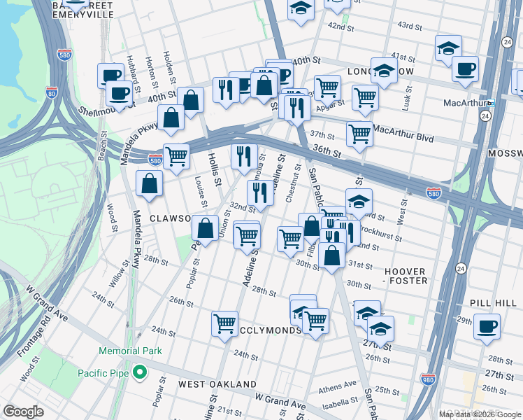 map of restaurants, bars, coffee shops, grocery stores, and more near 1162 32nd Street in Oakland