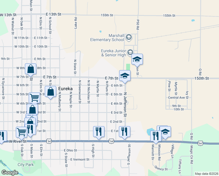 map of restaurants, bars, coffee shops, grocery stores, and more near 501-599 North Adams Street in Eureka