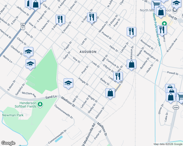 map of restaurants, bars, coffee shops, grocery stores, and more near 1218-1232 Handy Ave in Henderson