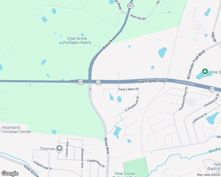 map of restaurants, bars, coffee shops, grocery stores, and more near Twin Lakes Drive in Vine Grove
