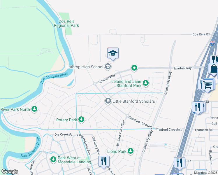 map of restaurants, bars, coffee shops, grocery stores, and more near 740 Albany Street in Lathrop