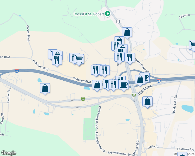 map of restaurants, bars, coffee shops, grocery stores, and more near 151 Saint Robert Boulevard in Saint Robert