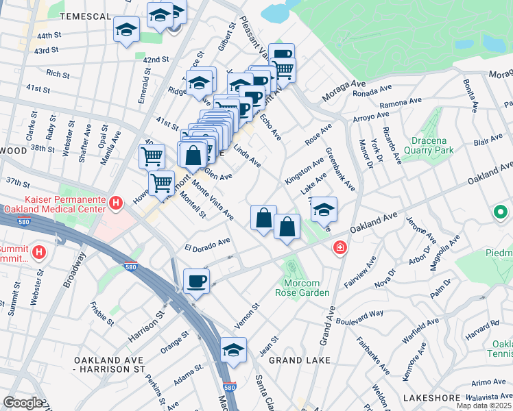 map of restaurants, bars, coffee shops, grocery stores, and more near 771 Kingston Avenue in Oakland