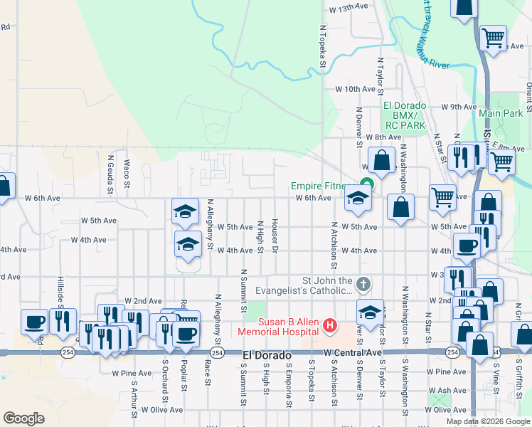 map of restaurants, bars, coffee shops, grocery stores, and more near 614 N High St in El Dorado