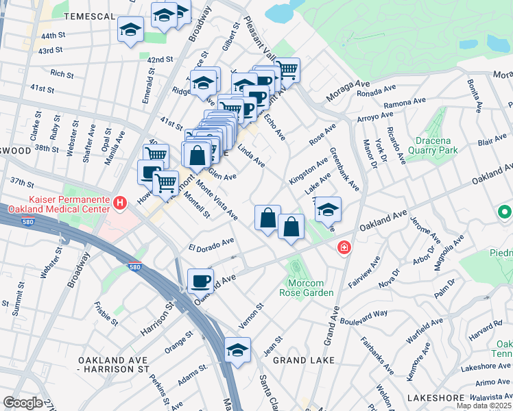 map of restaurants, bars, coffee shops, grocery stores, and more near 145 Monte Cresta Avenue in Oakland