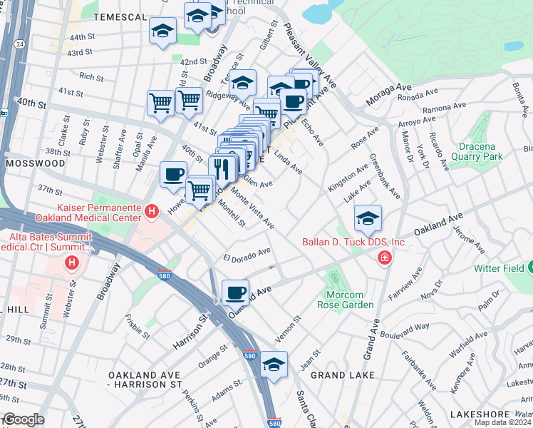 map of restaurants, bars, coffee shops, grocery stores, and more near 212 Monte Vista Avenue in Oakland