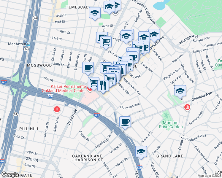map of restaurants, bars, coffee shops, grocery stores, and more near 17 Rio Vista Avenue in Oakland