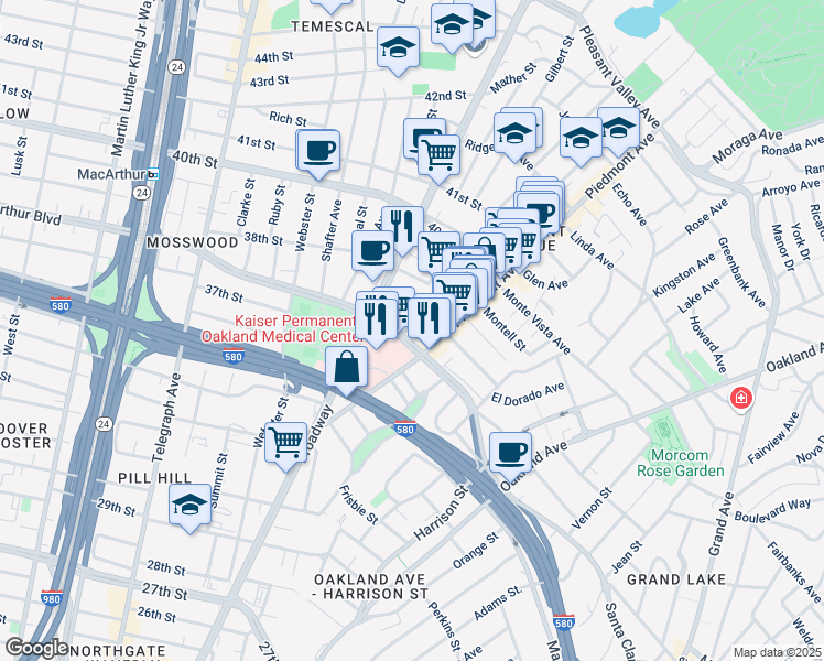 map of restaurants, bars, coffee shops, grocery stores, and more near 3701 Howe Street in Oakland
