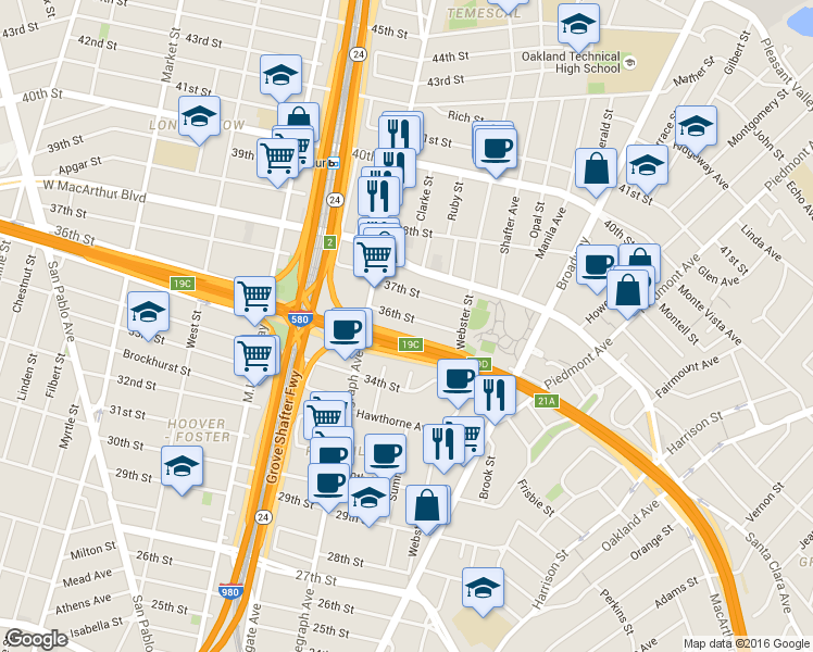 map of restaurants, bars, coffee shops, grocery stores, and more near 451 36th Street in Oakland