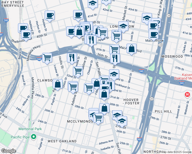 map of restaurants, bars, coffee shops, grocery stores, and more near 3236 Linden Street in Oakland