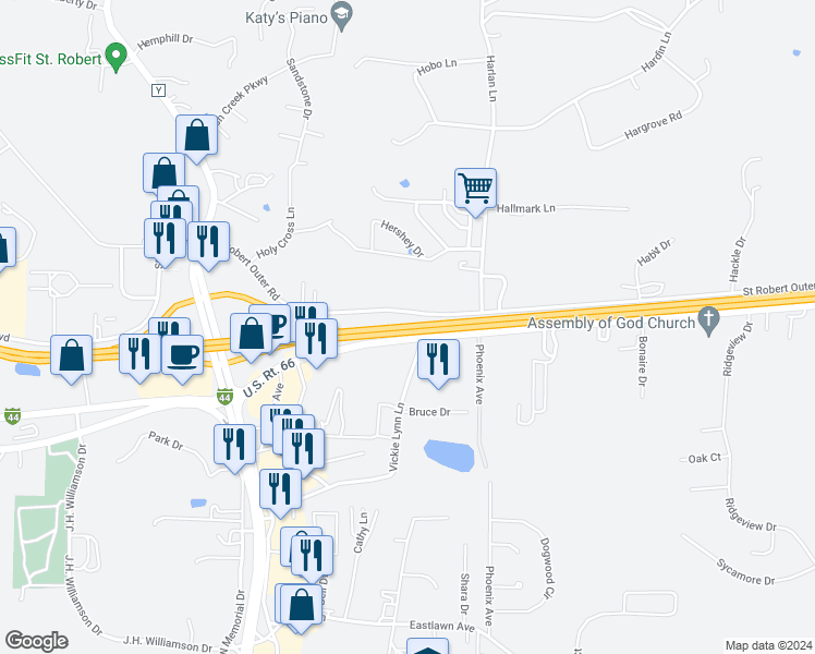 map of restaurants, bars, coffee shops, grocery stores, and more near Interstate 44 in Saint Robert