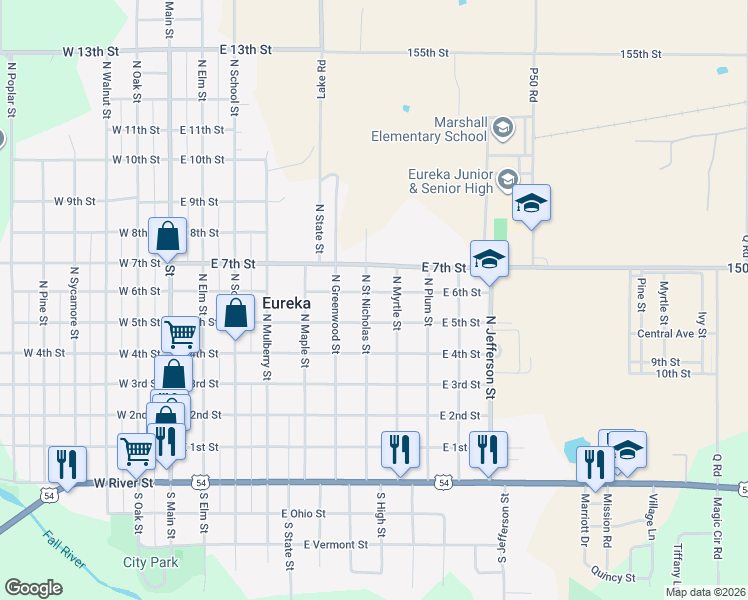 map of restaurants, bars, coffee shops, grocery stores, and more near East 6th Street in Eureka
