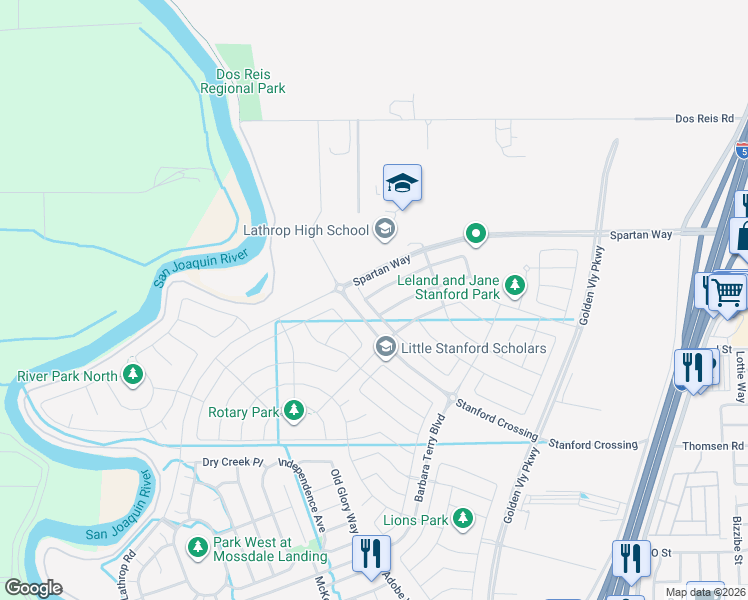 map of restaurants, bars, coffee shops, grocery stores, and more near 740 Albany Street in Lathrop
