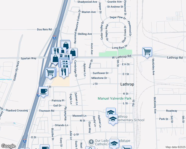 map of restaurants, bars, coffee shops, grocery stores, and more near 610 Sunflower Drive in Lathrop