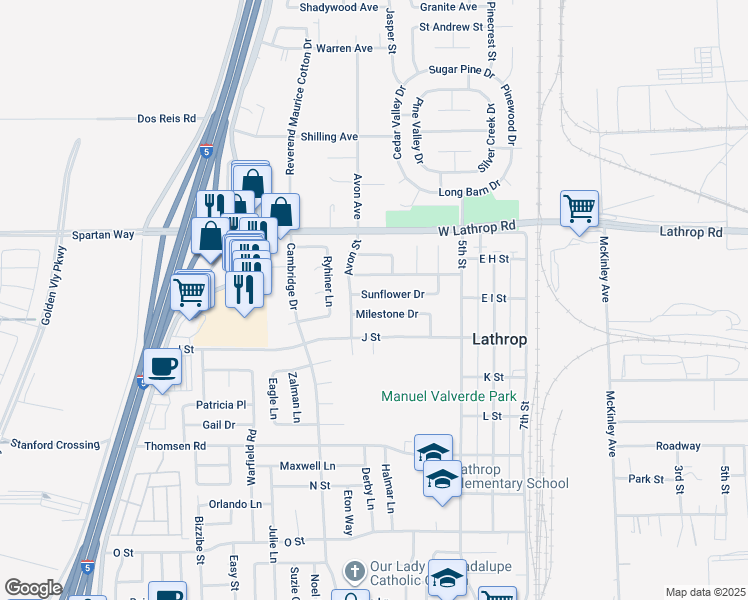 map of restaurants, bars, coffee shops, grocery stores, and more near 610 Sunflower Drive in Lathrop